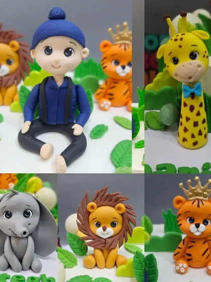 A collage of the cute, handcrafted fondant animals from a jungle-themed cake for a first birthday.