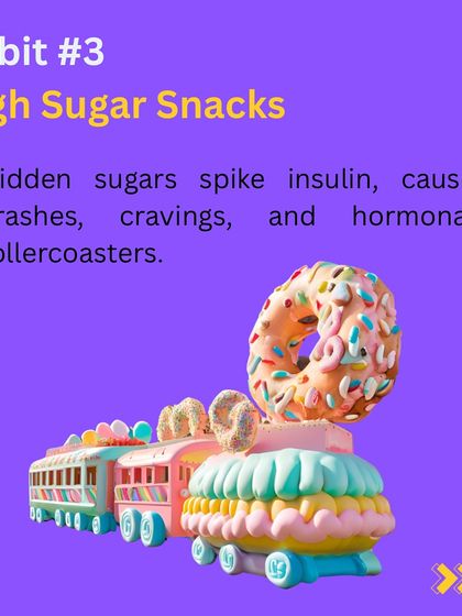 Habit 3: High sugar snacks. Hidden sugars in snacks cause insulin spikes, energy crashes, and a hormonal rollercoaster. This is a key area I help my clients manage for PCOS.