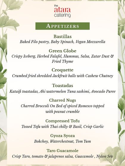 A sample of our customized vegan appetizer menu. It features creative dishes like Baked Filo Pastry with Vegan Mozzarella, Jackfruit Croquettes, and Compressed Tofu.