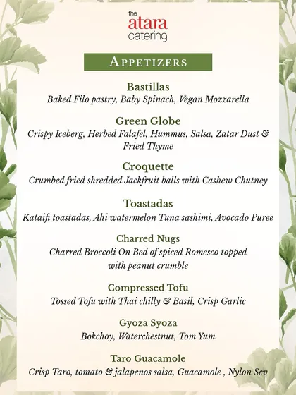 A sample of our customized vegan appetizer menu. It features creative dishes like Baked Filo Pastry with Vegan Mozzarella, Jackfruit Croquettes, and Compressed Tofu.