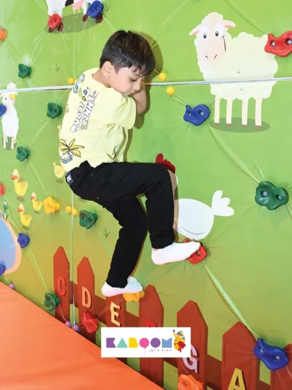 Conquering the farm-themed climbing wall! It's a fun challenge with a soft landing.