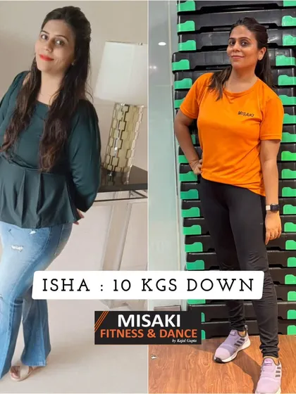 Isha is 10 kgs down and looking stronger and fitter. Her transformation next to the step equipment shows her dedication in the studio.