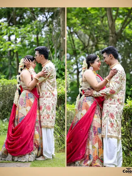 A diptych of romantic poses amidst lush greenery during the Haldi celebrations.