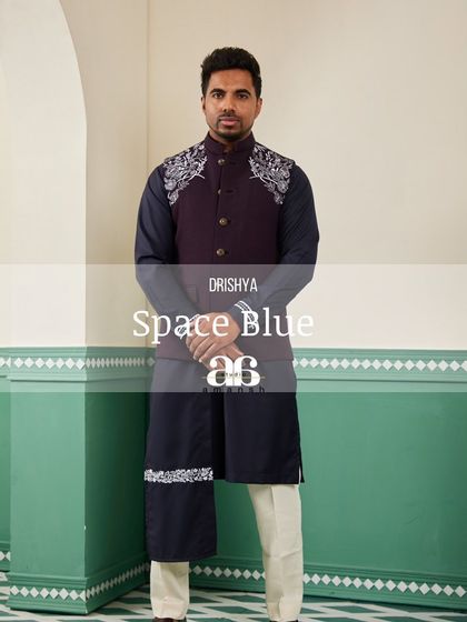 Our space blue bundi set, designed for the man who appreciates fine detail. The silver handwork provides a brilliant contrast against the deep blue fabric.