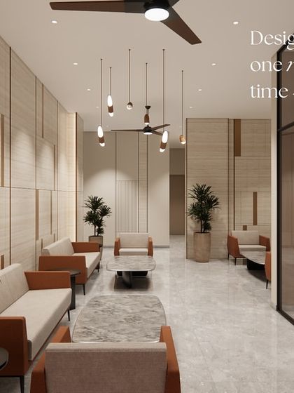 The lobby of the Shilpa Rathna Apartment Clubhouse, designed to be a refined and welcoming entrance. I used a palette of neutral tones, warm wood accents, and comfortable seating to create a sophisticated first impression for residents and guests.