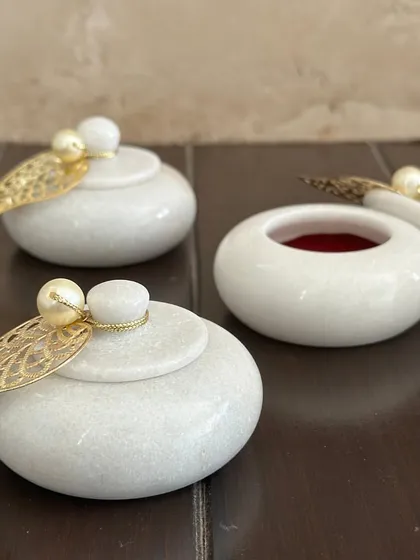 Another view of my marble-finish kumkum or ring holders. The inside is lined with red velvet, making them perfect for presenting a precious ring.
