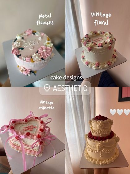 A collage showcasing some of my favorite aesthetic cake designs. It includes petal flowers, vintage floral piping, a coquette heart cake with ribbons, and a two-tiered vintage-style cake.