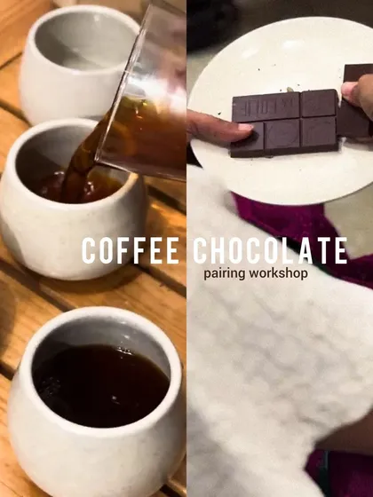 A split-screen view of our coffee and chocolate pairing workshop, showing the careful preparation and tasting process.