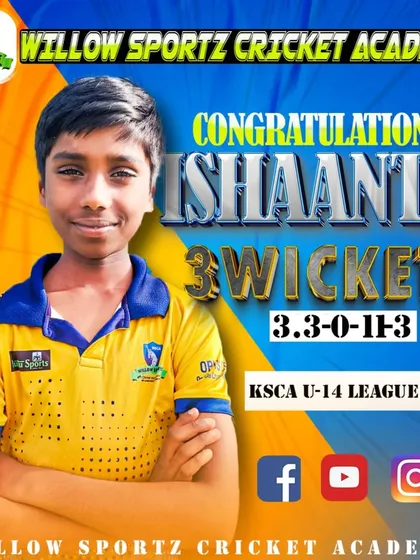 A great bowling performance from Ishaanth in the KSCA U-14 League, taking 3 wickets. Our bowling program focuses on consistency and wicket-taking ability.
