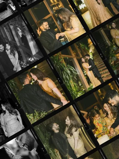 A creative film-strip style collage of Juhi and Jay's engagement. This grid of images tells a comprehensive story of their night, filled with romance and celebration.