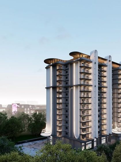 This perspective shows the apartment building set against the city skyline. The vertical fins and rhythmic balconies give the facade a sense of order and depth, creating a strong visual presence.