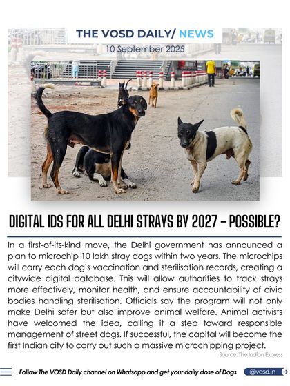 The Delhi government has announced an ambitious plan to microchip 10 lakh stray dogs by 2027. This will create a digital database with vaccination and sterilization records to improve animal welfare and public safety.