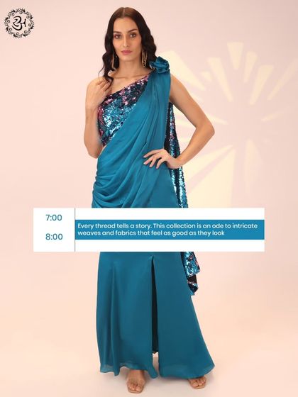 Every thread in this collection tells a story. This blue drape dress is an ode to intricate weaves and fabrics that feel as good as they look, designed for unforgettable parties.