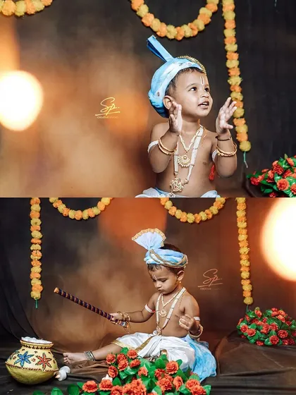 This set shows our little Krishna in two different moods. The top image is filled with wonder, enhanced by a soft light flare, while the bottom shows him focused on his prop, a painted pot, adding a narrative element to the shoot.
