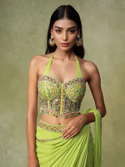 A detailed shot of a modern ethnic top. The pose is designed to highlight the corset-style bustier and the delicate embellishments, giving customers a clear view of the product's features.