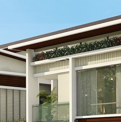 This perspective highlights the material palette of wood-look cladding and white stucco, which is used consistently across the row house development.