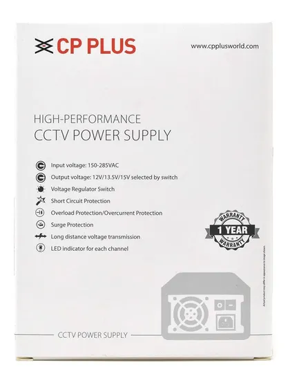 The official packaging for the CP Plus high-performance CCTV power supply. It highlights key features like short circuit protection, overload protection, and a 1-year warranty, which I pass on to you.