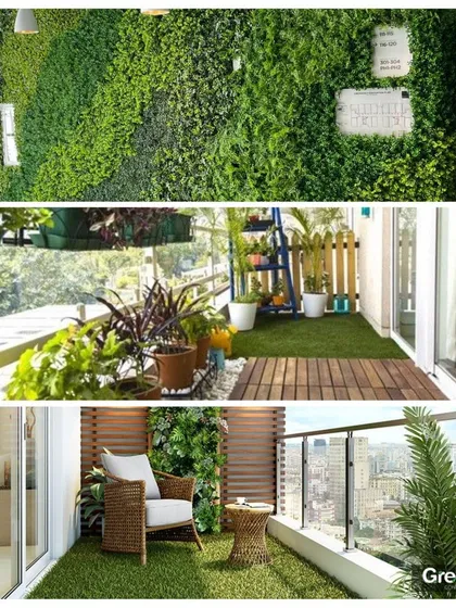 We specialize in a wide range of landscaping services for commercial and residential projects. This collage shows our work in vertical gardens, balcony gardens, and artificial grass installations.