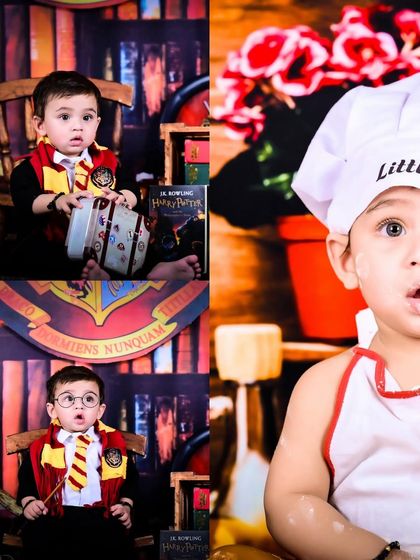 A collage of a baby as Harry Potter and a little chef, showing two very different and creative concepts.