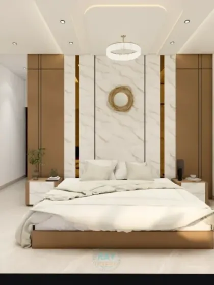 A minimalist and spacious bedroom render, featuring a wood and marble accent wall, a modern chandelier, and a clean, uncluttered aesthetic.