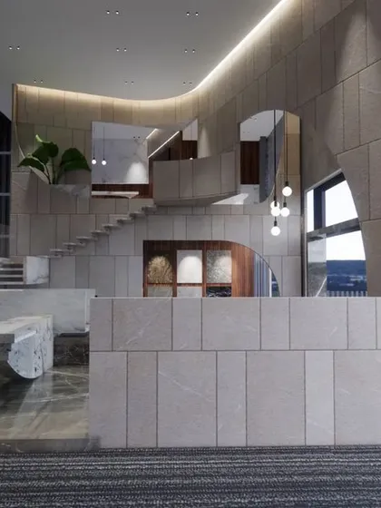 An interior view of the Vogue Marmi marble experience center in Bangalore. I designed this space with sculptural, multi-level marble structures and a floating staircase to create an immersive gallery, showcasing the stone not just as a material but as an architectural form.