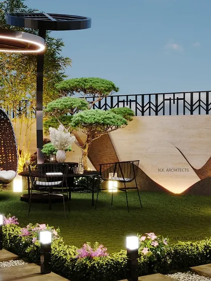 We believe in creating a complete oasis, extending the living space into the outdoors. This backyard design features a serene lawn, unique seating like the hanging egg chair, and carefully placed lighting to create a perfect spot for relaxing evenings.