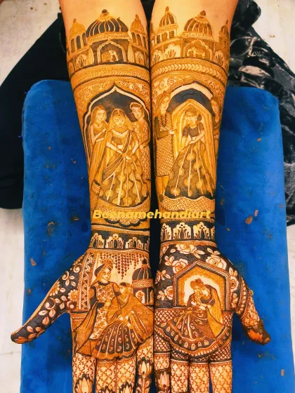 A complete view of a stunning narrative mehandi. Both arms are covered in portraits and scenes, telling the story of the bride's journey.