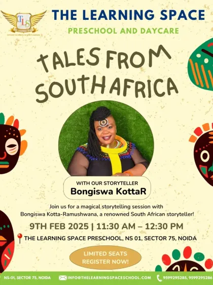 The official poster for our 'Tales from South Africa' storytelling event. We are committed to bringing unique and enriching cultural experiences to our community.