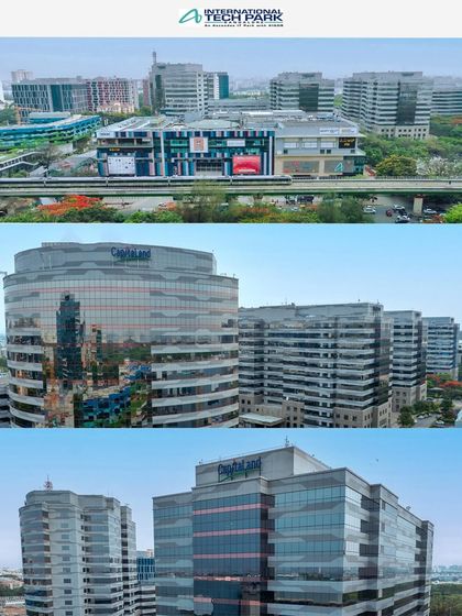 An aerial tour of the International Tech Park (ITPL) in Bengaluru, showcasing its multiple buildings and connectivity with the city's metro line.
