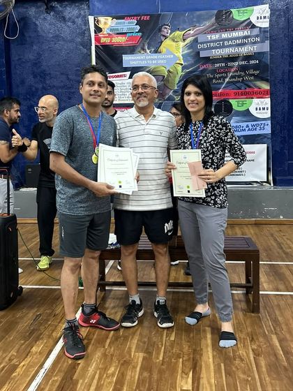 Coaches Sushant Shetty and Akshay Kadam with their medals and certificates after a victory at the TSF Mumbai District Badminton Tournament. We are proud of our entire coaching team's achievements.