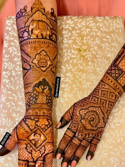 A view of both arms, showing a mix of portrait and traditional design. One arm features intricate patterns while the other has a custom portrait.