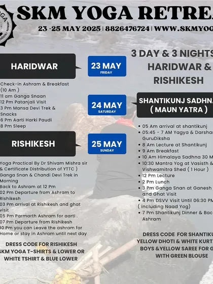 This is the detailed itinerary for our 3-day spiritual journey through Haridwar and Rishikesh. It outlines our schedule of Ganga Snan, temple treks, silent meditation, and practical yoga sessions, providing a clear structure for your sadhana.