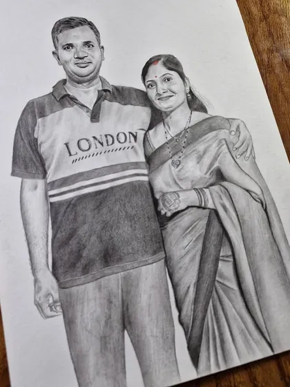 This commissioned couple portrait showcases the fine details in clothing and expression. It’s a wonderful way to commemorate an anniversary or special occasion.
