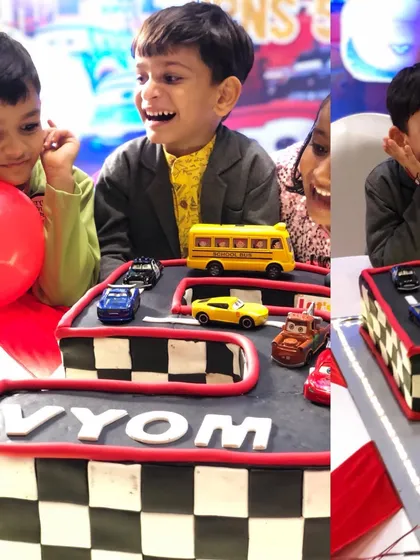 A collage capturing the priceless, happy expressions of the birthday boy with his cake.