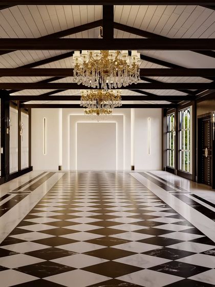 This render shows the empty hall, emphasizing the sheer scale and architectural details of the space. It highlights how the flooring pattern, ceiling beams, and lighting work together to create a cohesive and dramatic effect.