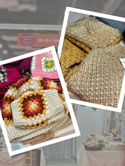 A glimpse of our winter collection at the Atmanirbhar Bharat Mela, featuring our popular granny square sets and other cozy creations.