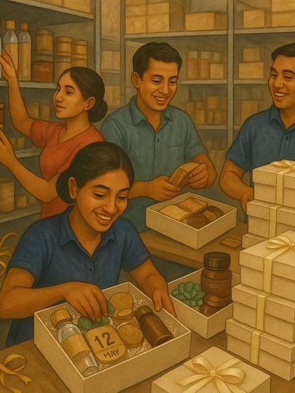 This beautiful illustration shows my team in the workshop, carefully curating and packing gift hampers. It's a tribute to the people behind every gift.