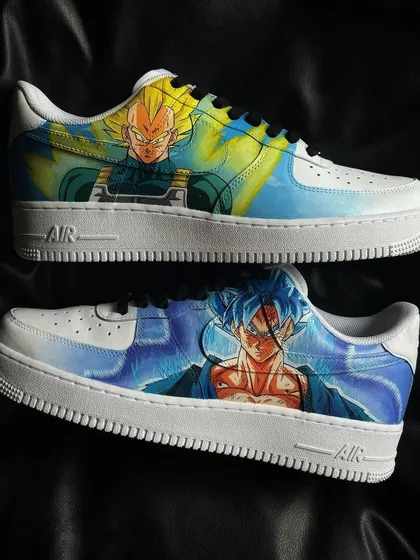The complete pair of Goku and Vegeta custom Nike Air Force 1s, a perfect tribute for any Dragon Ball Z fan.