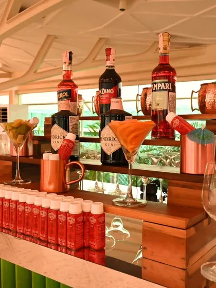 A bright and summery bar setup featuring Aperol and Hendrick's. The colorful drinks and copper mugs are perfect for a daytime brunch or a lively sundowner party.