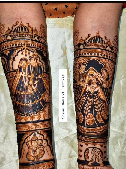 A powerful design showcasing a varmala ceremony and other wedding rituals on the legs, a unique placement for storytelling.