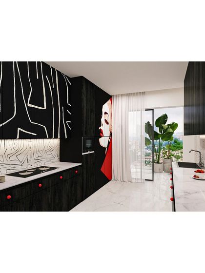 A full view of the kitchen, where art and function merge. The space is bright, modern, and full of personality.