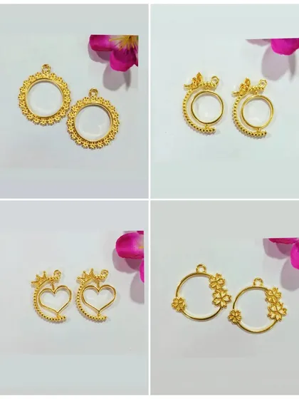 We've just restocked our bezels in new and interesting designs. This image shows a variety of options, including floral, heart, and crown shapes, perfect for unique pendants.