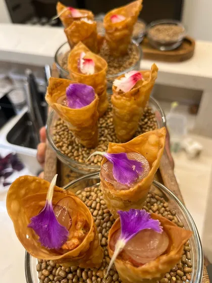 A collection of my savory cones, filled with fresh ingredients and ready to be served at a pop-up event.