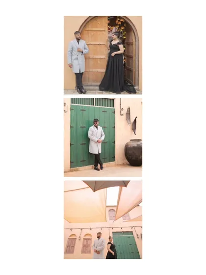 A vertical collage of three images from the Moroccan-themed set. It showcases the couple posing against different architectural elements, like rustic doors and fabric canopies, emphasizing the versatility of the location.