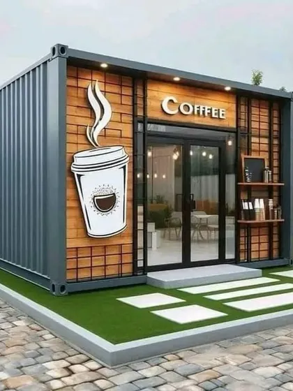 This modular coffee shop, built from a shipping container, combines industrial style with a warm, inviting facade. It's a turnkey solution for entrepreneurs looking to start a café business quickly.