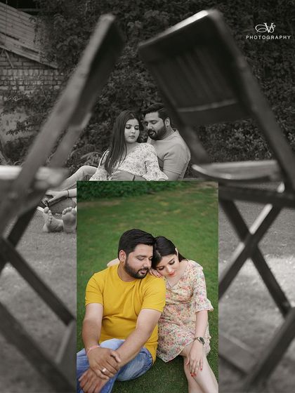 A creative collage combining a black and white framed shot with a warm, color portrait from a garden pre-wedding shoot.