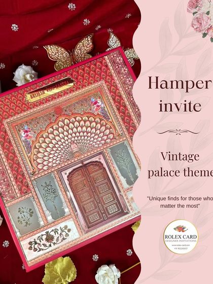 This graphic highlights the key features of my vintage palace theme hamper invite. It's a unique find for those who matter most, combining intricate design with the practicality of a beautiful gift box.