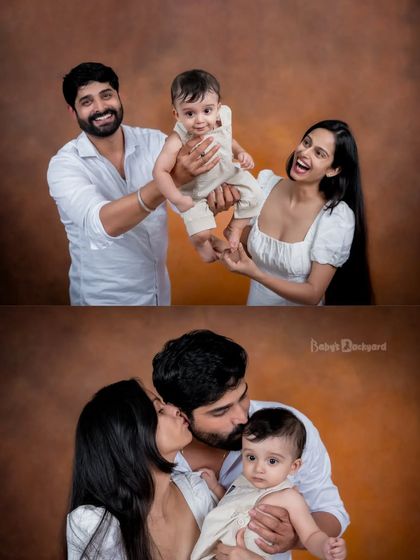 Two moments in one frame, showing both a playful lift and a tender kiss. Our family photoshoots capture the dynamic love and affection you share.