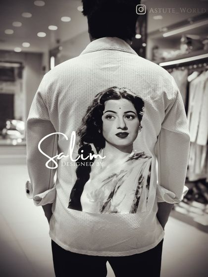A custom hand-painted shirt featuring a portrait of the legendary actress Madhubala. This black and white design on a textured white shirt is a great example of wearable art for a more casual but stylish look.