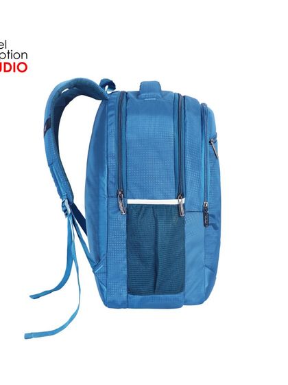 A side profile of the blue backpack, clearly showing its depth and zipper details.